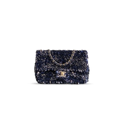 CHANEL FLAP BAG SEQUINS & GOLD-TONE METAL GOLDEN & NIGHT BLUE AS4561 (21*14*8cm)